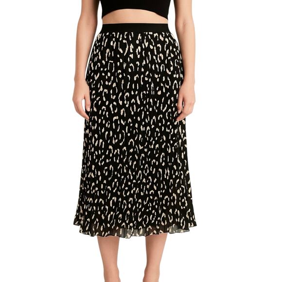 H&M Women's Black White Silky Satin Pleated Elastic Waist Midi A-Line Skirt 14 - Picture 1 of 6
